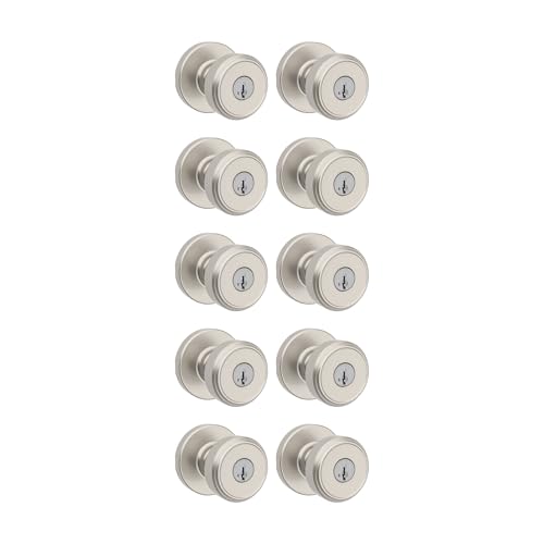 Image of Kwikset Maven Entry Door Knob with Lock and Key, Secure Keyed Handle Exterior, Front Entrance and Bedroom, Satin Nickel, 10 Pack, Pick Resistant SmartKey Rekey Security and Microban