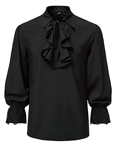 MakingDa Chemise de pirate médiévale à manches longues et col jabot pour homme, Noir , XL