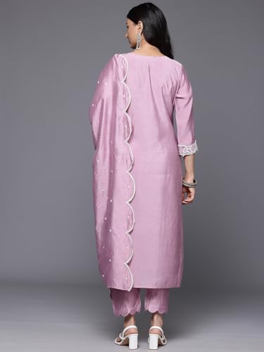 Image of Varanga Women's Silk Blend Kurta Set - Elegant Mauve Silk Kurta for Festive & Special Occasions