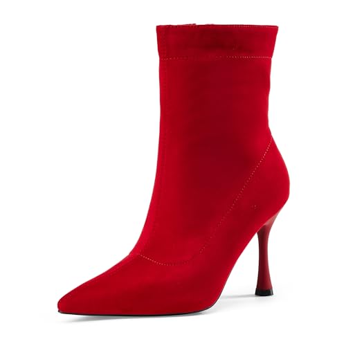 Elisabet Tang Ladies Dress Ankle boots 3.5IN Pointed toe - Mid Heel Stiletto Work Booties for Women Trendy Short Boots red suede size 8