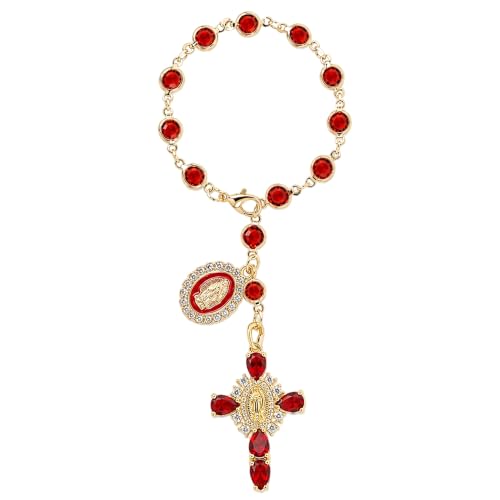 Cross Car Charm, Red Crystal Rosary Rear View Mirror Pendant