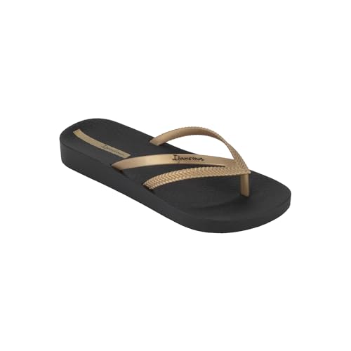 Ipanema Women's Bossa Soft V Flip Flops - Comfortable Slip-On Thong Sandals for Women with Double Y-Strap & Raised Footbed for Height, Black/Gold, 10