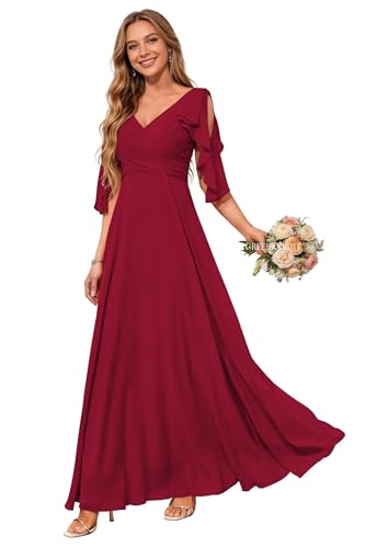 Image of Women Bridesmaid Dresses with Sleeves for Wedding V Neck Chiffon Long A Line Pleated Formal Evening Gown