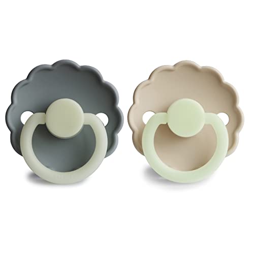 Image of FRIGG Daisy Night SilkySoft Silicone Baby Pacifier | Made in Denmark | BPA-Free (French Gray /Croissant, 0-6 Months)