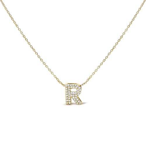 10K Yellow Gold Diamond Accent "R" Initial Bubble Pendant Necklace