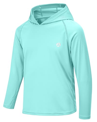 Image of Boys Grils Long Sleeve Sun Shirts UPF50+ Hoodie Thumbhole Rash Guard Quick Dry Atheltic Hiking Workout Water Playing