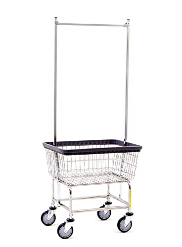 R&B Wire® 100E58 Heavy Duty Wire Laundry Cart with Double Pole Rack | 2.5 Bushel | Steel Frame with Chrome Finish | Commercial Laundry Basket | Industrial Bumper | 5