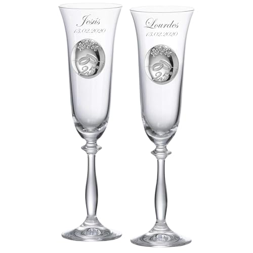 JOYERIA EL FARO Copas Bodas de Plata Personalizadas – Juego de 2 Copas de Champán Grabadas con Nombres y Fecha – Regalo 25 Aniversario de Casados para Matrimonio