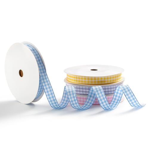 MORSUNBELA Cinta de cuadros Vichy para regalo, diseño de cuadros (Rosa-azul-púrpura-amarillo, 1cm)