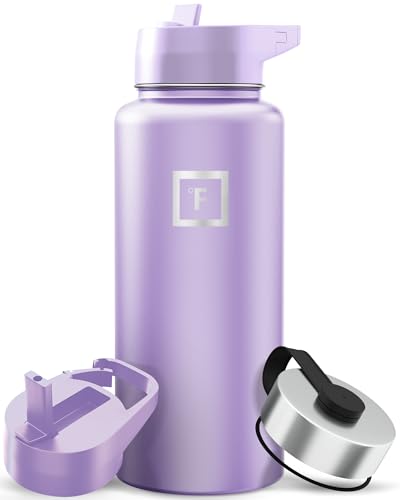 IRON °FLASK Camping & Hiking Hydration Flask with Straw, Wide Mouth Insulated Stainless Steel Sports Water Bottle - 32 oz Lavender