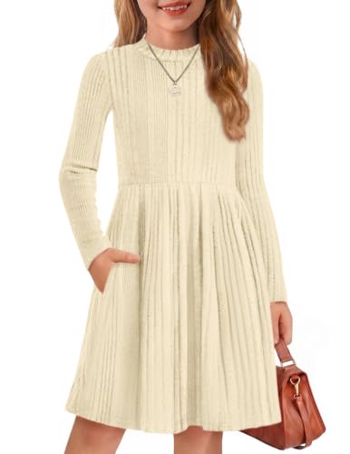 Image of Arshiner Girls Dresses Long Sleeve A Line Knit Sweater Dress with Pockets