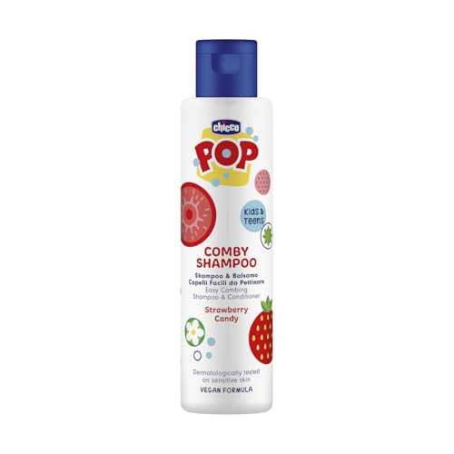 Chicco POP Shampooing et après-shampoing Fraise Candy - Shampooing et après-shampoing doux pour enfants - Sans larmes - Formule végétalienne - Convient à tous les types de cheveux - Parfum fraise