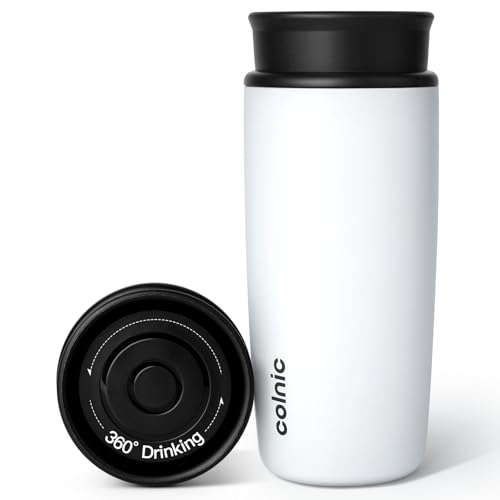 Colnic Travel Coffee Mug with 360°Lid, 12 oz Coffee Tumbler Insulated Travel Mugs for Hot and Cold, Vacuum Insulated Stainless Steel Coffee Cup Leak Proof Spill Proof-Matte White