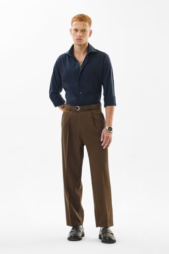 Image of SNITCH Men Trousers | Relaxed Fit Ankle Length with Pleated Front & Turned-Up Hem | Polyester Blend Twill Weave for Casual & Street Wear
