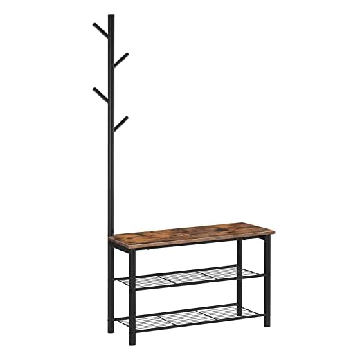 HOOBRO Banco de zapatos para abrigos, banco de almacenamiento de entrada de 28.3 pulgadas, estante para zapatos de 3 niveles y soporte para abrigos con estantes de malla de metal, banco de barro, banco rústico 3 en 1 para pasillo, vestíbulo, puerta, recámara BF12HX01