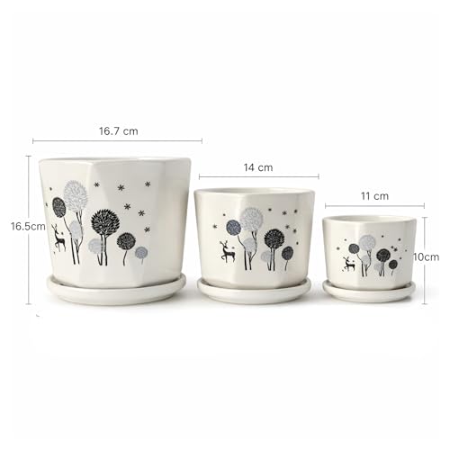 Image of Xtore Charming Ceramic Planter Pots Set of 3 with Drainage Tray | Minimalist Printed Flower & Deer Plant Holders for Home, Balcony & Office Decor (White - Planters Only)