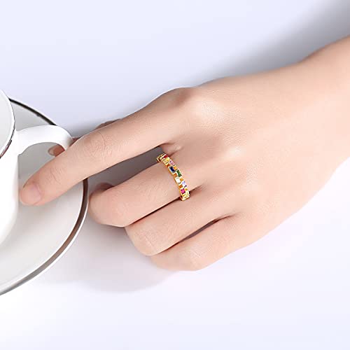 Emerald Cut Rainbow Moissanite Eternity Ring, 14K Gold Wedding Band for Women, Unique Gift3