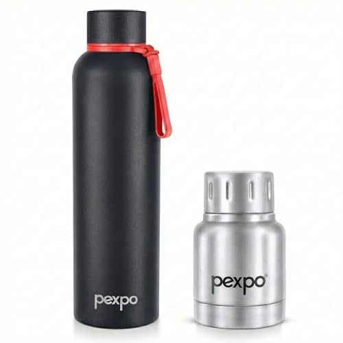 Image of PEXPO Bravo 980ml - Knight Black and Cameo 160ml - Silver Stainless Steel Water Bottle ISI Certified | for Home, Office, Gym, Travelling
