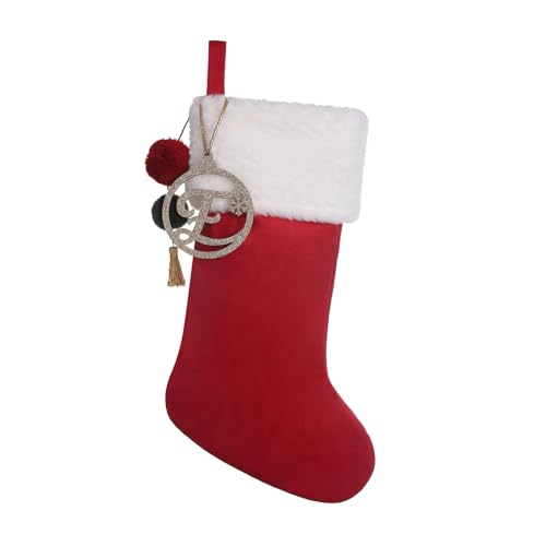 Pxniy Personalized Red Velvet Christmas Stocking, Gold Wooden Initial