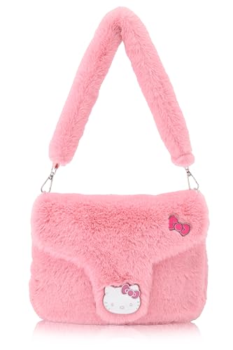 Sanrio Hello Kitty Handbag for Women | Faux Fur Purse with Saffiano Trim | Cute Hello Kitty Shoulder Bag, Crossbody Tote Bag, or Small Travel Purse | Ages 3+