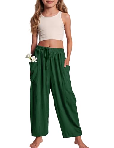 Image of COZYPOIN Girl's Wide Leg Pants Elastic Waist Loose Fit Flowy Casual Beach Palazzo Harem Trousers with Pockets 5-14 Y