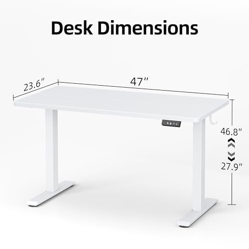 Image of TIQLAB Electric Standing Desk,47 * 24 Inches Adjustable Height Stand up Desk, Sit Stand Home Office Table with Splice Board, White