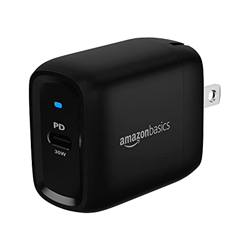 Amazon Basics 30W One-Port Foldable GaN USB-C Wall Charger with Power Delivery PD for Tablets & Phones (iPhone 16/15/14/13/12/11/X, iPad, Samsung, and More), Compact Travel Charger, Non-PPS, Black by Amazon Basics - Used condition - US$12.48