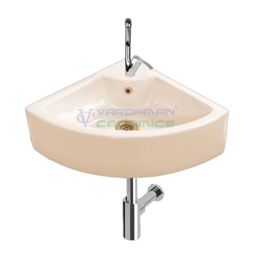 Image of Corner Wash Basin Wall Hung Mounted cum Table Top Glossy Finish Ivory Color Sink for Bathroom Washroom Toilet Living Room Dining Kitchen (16 x 16 x 6 Inch - Ivory)