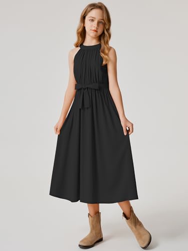 Girls Halter Neck Rayon Woven Floral Printed Solid Color High Waist Midi Belted Party Casual Dress with Pocket3