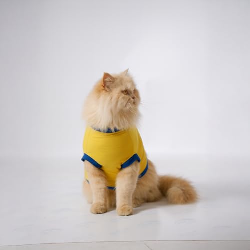 Image of Thunder Tails Printed Cat T-Shirt for Small to Large Cats & Kittens | Lightweight Breathable Cotton Pet Apparel | Cute & Stylish, Comfortable Round Neck Cat Clothes (XS, Yellow)