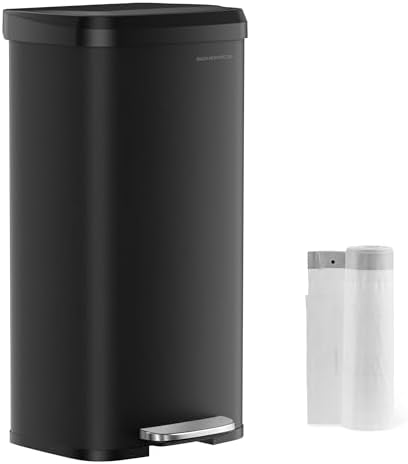 SONGMICS Kitchen Trash Can, 18-Gallon Stainless Steel Garbage Can, with Stay-Open Lid and Step-on Pedal, Soft Closure, Tall, Large and Space-Saving, Black ULTB520B68