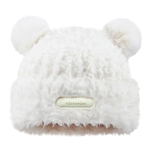 Cute Fuzzy Bear Ear Beanie Hat for Women Skin-Friendly Plush Warm Woolen Hat Winter Faux Fur Animal Knitted Hat Cap (White)
