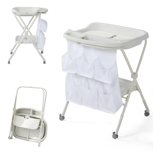 Image of Sweeby Baby Changing Table, Large Diaper Organizer for Baby Essentials,Adjustable Height and Portable, Waterproof Changing Table Pad Topper, Mobile Nursery for Infant and Newborn, Cream