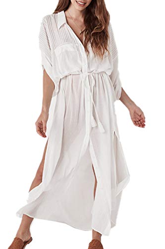 YouKD Damen Baumwoll Cardigan Bohemian Lang Kimono Beach Badeanzug Cover Up Kleid Plus Size Robe