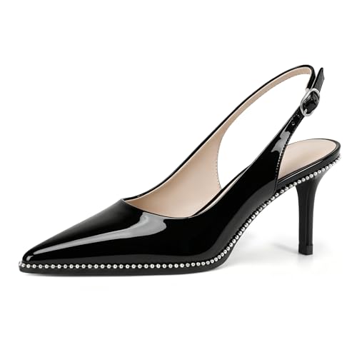 Image of YODEKS Slingback Heels for Women Pointy Toe Beaded Heels Close Toe Kitten Heel Pumps 2.5 Inch Stiletto Pumps Wedding Party Dressy Shoes