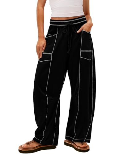 Arssm Womens Baggy Wide Leg Pants Drawstring Barrel Pants Summer Casual Beach Lounge Trousers