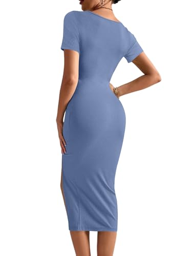 Image of Rooscier Women's Twist Cutout Waist Split Crewneck Short Sleeve Bodycon Midi Dress
