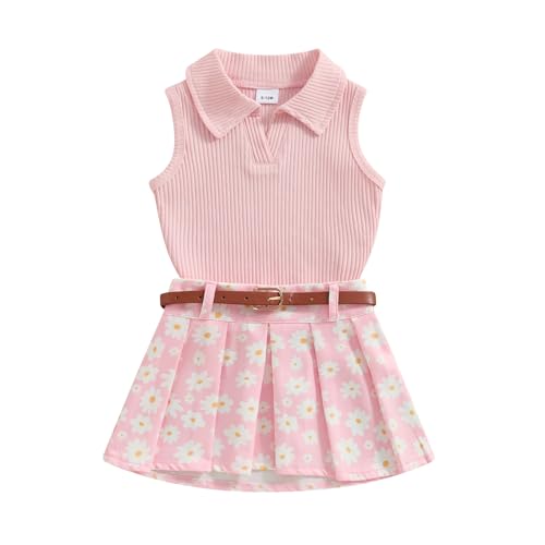 Image of BeQeuewll Toddler Baby Girl Summer Clothes Daisy Flower Girl Outfit Knit Shirt Mini Pleated Skirts Set Outfits for Grils1-4T (Pink, 2-3 Years)