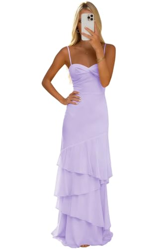 Cozcy Lilac Prom Dresses 2026 Tiered Ruffle Chiffon Bridesmaid Dress Long Wedding Guest Dress Size 2