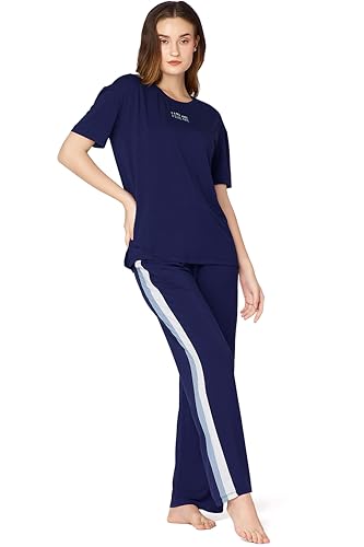 Image of Night Suit for Womens Side Stripe Modal Night Dress of Top and Pajama Set 9374