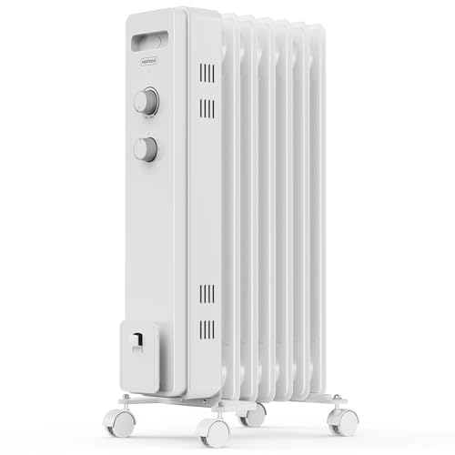VonHaus Oil Filled Radiator 7 Fin – Oil Heater Portable Electric Free Standing 1500W for Home, Office, Any Room – Adjustable Thermostat, 3 Heat Settings, 4x Wheels, 1.5m Power Cable – 2 Year Warranty