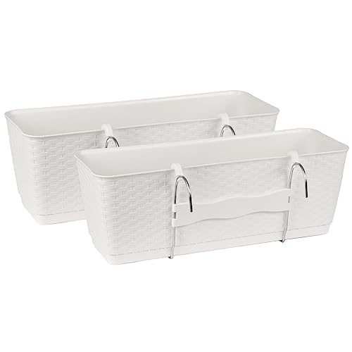 Tymar Blumenkästen für Balkon, Geländer, 2er-Pack, Rattan Optik, inkl. Bewässerungssystem ((2 Pack) Weiß; 50 cm)