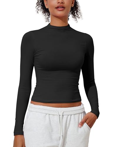 PrettyGuide Women's Cotton Long Sleeve Shirts Mock Neck Basic Tee Tight Fitted Fall Y2K Crop Top Going Out Tops3