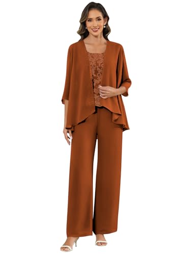 3 Piece Mother of The Bride Pant Suits Lace Applique Chiffon 3/4 Sleeve Scoop Neck Wedding Guest Outfit with Jacket