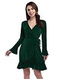 Leadingstar Women V Neck Velvet Ruffles Long Sleeve Party Mini Velour Christmas Wedding Guest Petite Dress (Dark Green, L)