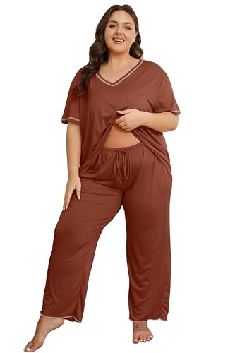 Image of Vozanet Women's Plus Size Pajama Sets Short Sleeve Long Pants Solid Color with Piping Trim Elegant Loungewear Cozy Sleepwear