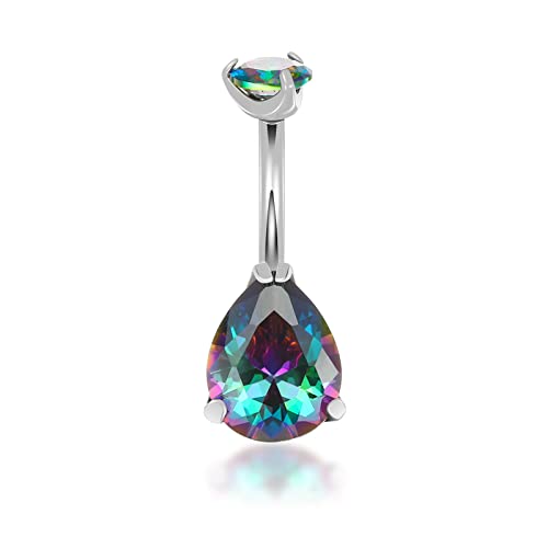 Tgnel G23 Pure Titanium Round And Teardrop Shaped Cz Belly Button Rings Petite Navel Ring For Women Body Piercing Jewelry 14G Astm F136 Multi Colorful Cubic Zirconia Belly Rings 10Mm Belly Bars #TOP7