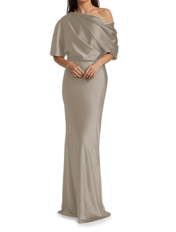 Image of Mermaid Satin Mother of The Bride Dresses for Women Ruched One Shoulder Formal Evening Gowns