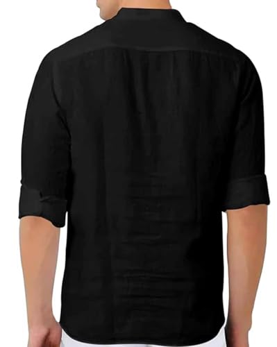 Image of Men's Cotton Blend Straight Kurta Shirt with Mandarin Collar - Slim Fit Casual Short Kurti Featuring Textured Slub Fabric and Roll-Up Full Sleeves