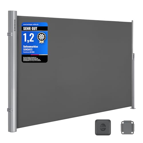 SONGMICS Alu-Seitenmarkise, ausziehbar, 180 x 350 cm, Blickdicht, Sonnenschutz, blickdicht, Seitenrollo, für Balkon, Terrasse, Garten, anthrazit GSA185G